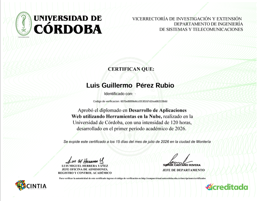 Certificado: Diplomado en Desarrollo de Aplicaciones Web utilizando Herramientas en la Nube