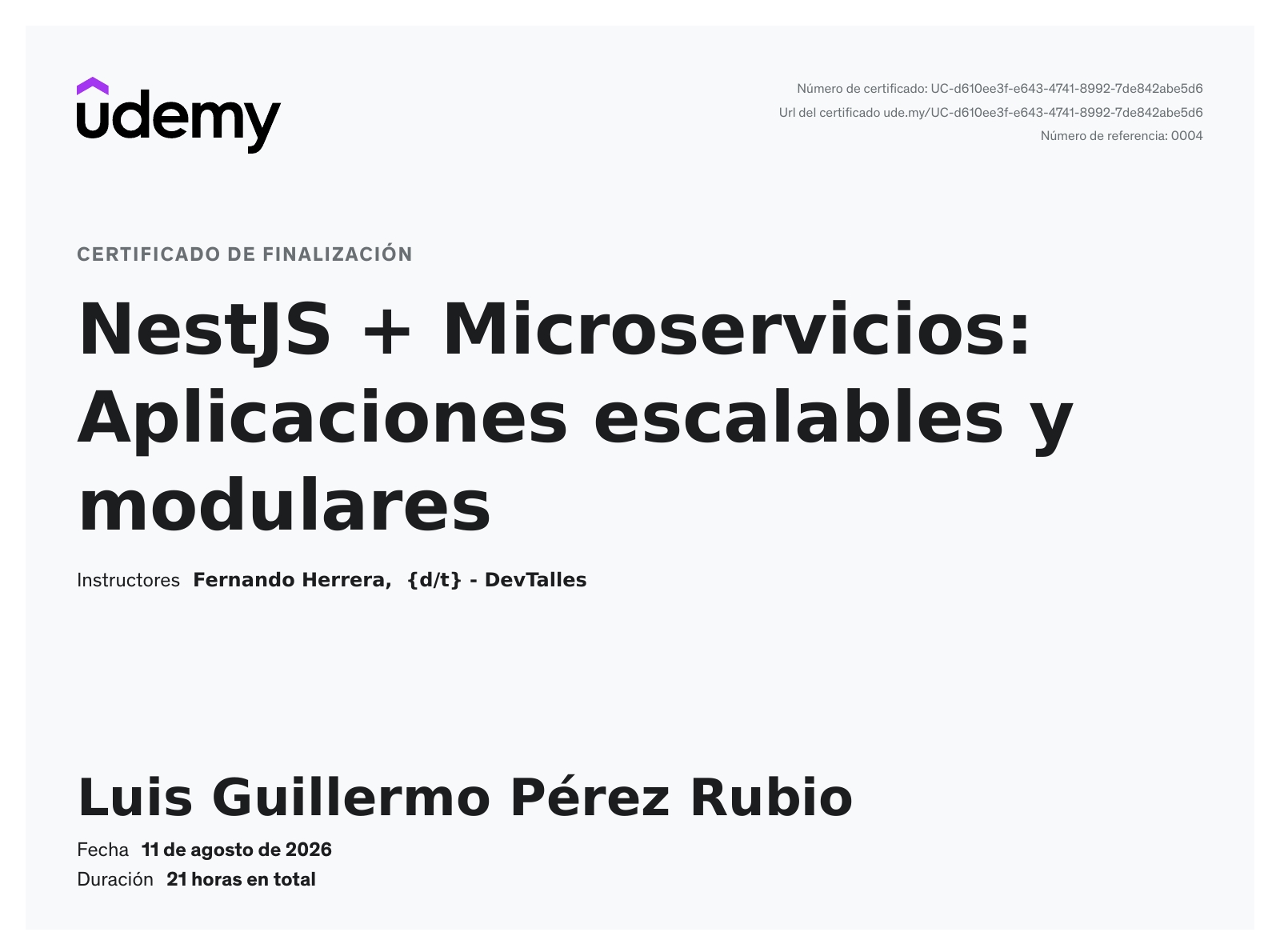Certificado: NestJS + Microservicios: Aplicaciones escalables y modulares